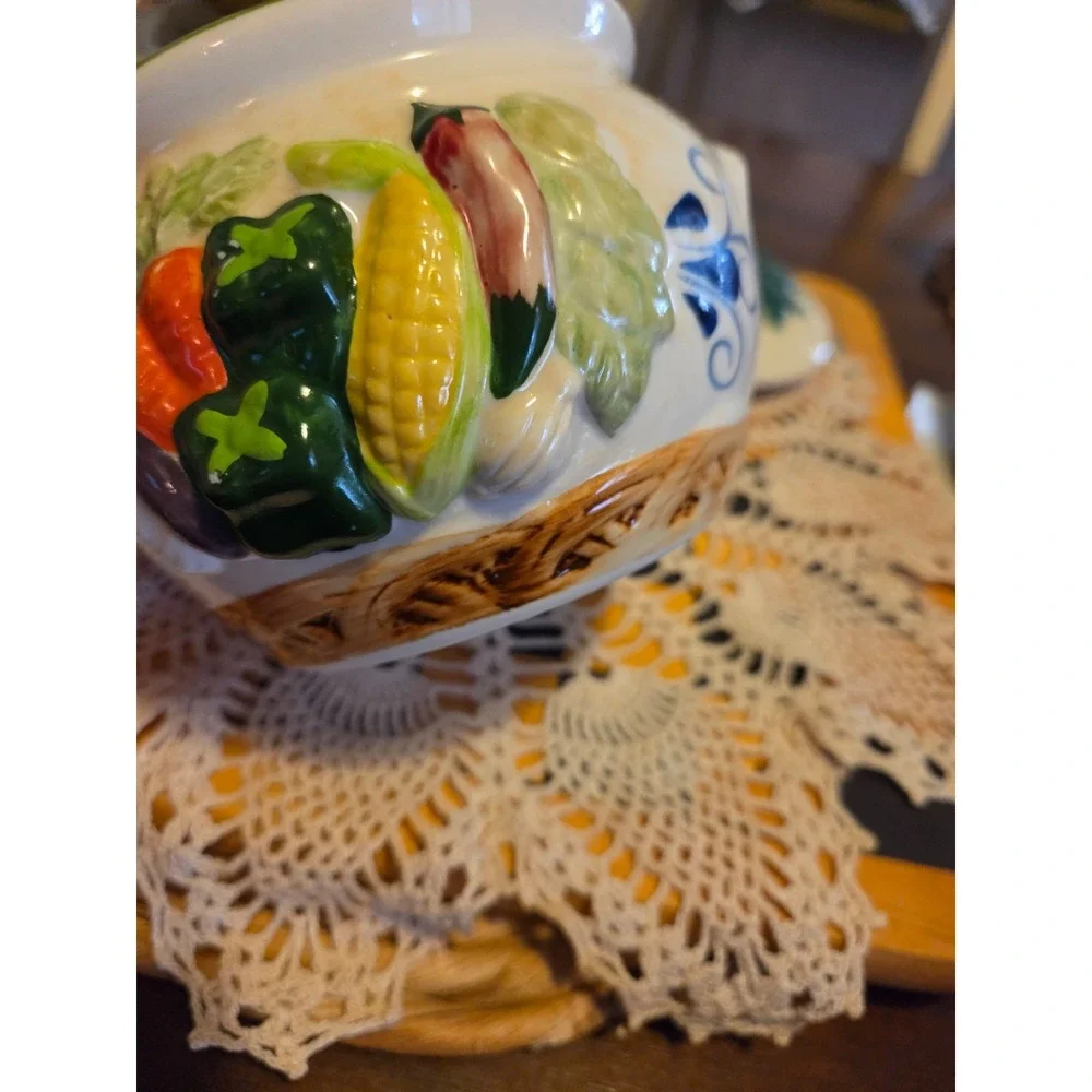 vintage handpainted ceramic vegetable covered dish. Cottagecore  GrannyCore Farm